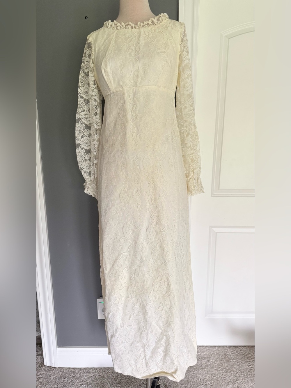 Vintage VTG 1960’s Union Made Label Lace Long Sleeve Wedding Maxi Dress 15/16